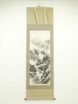 青治筆　水墨山水　肉筆絹本掛軸